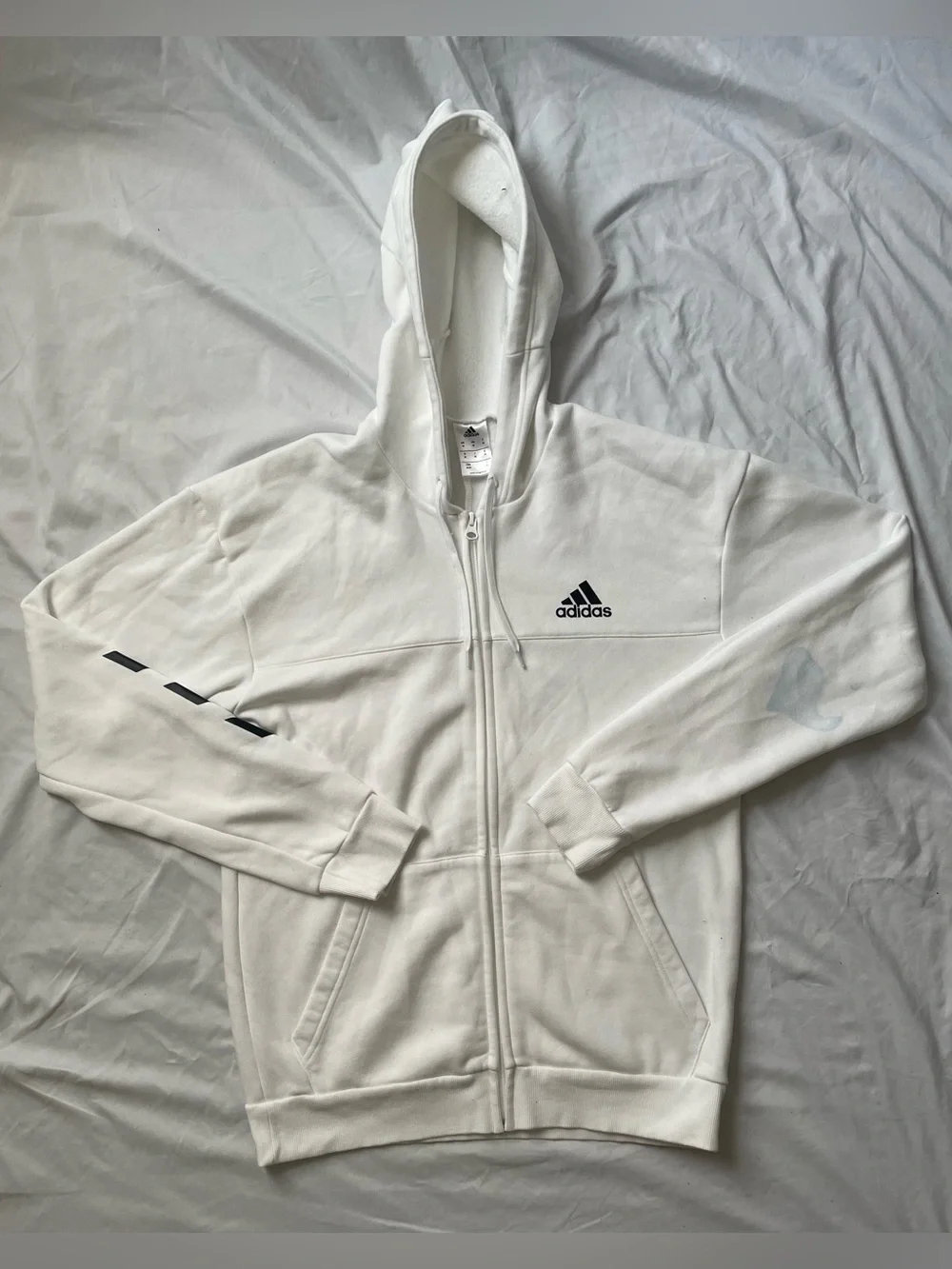 Adidas White Full-Zip Hooded Jacket with Black Logo small Blue Stain